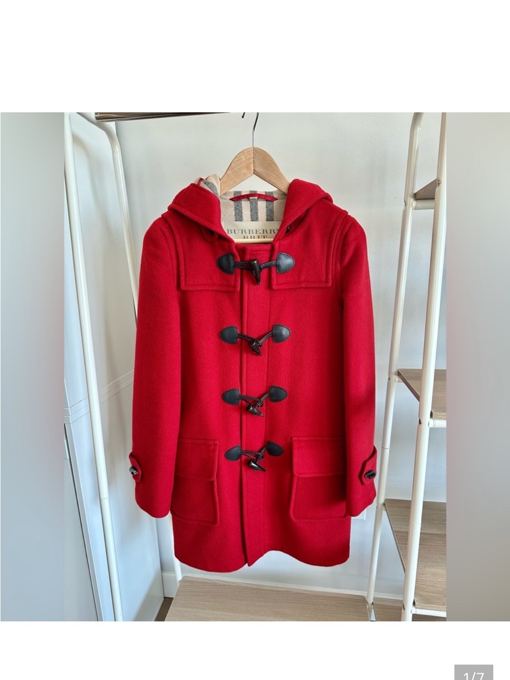 Burberry Red Wool Toggle Duffle Coat with Hood